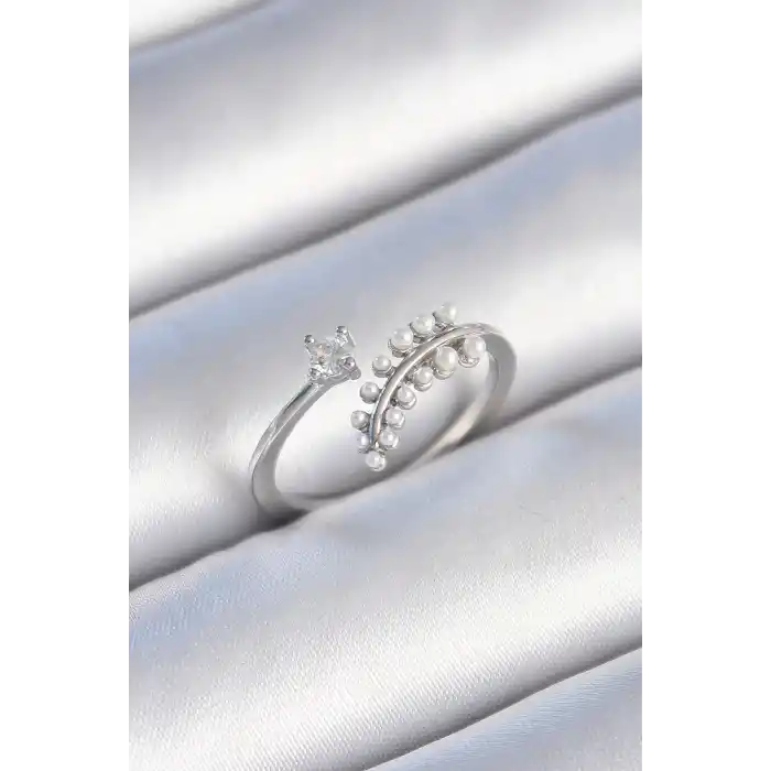 Pirinç Gümüş Renk Zirkon Taşlı İncili Yaprak Model Kadın Yüzük