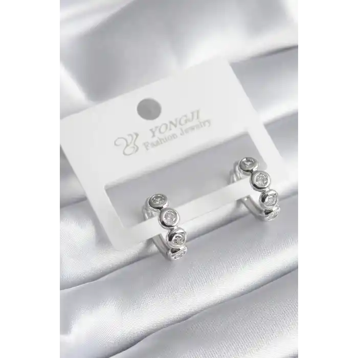 Pirinç Gümüş Renk Zirkon Taşlı Kadın Küpe