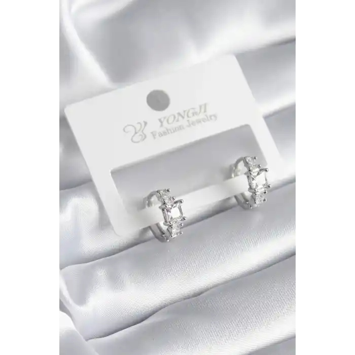 Pirinç Gümüş Renk Zirkon Taşlı Kadın Küpe