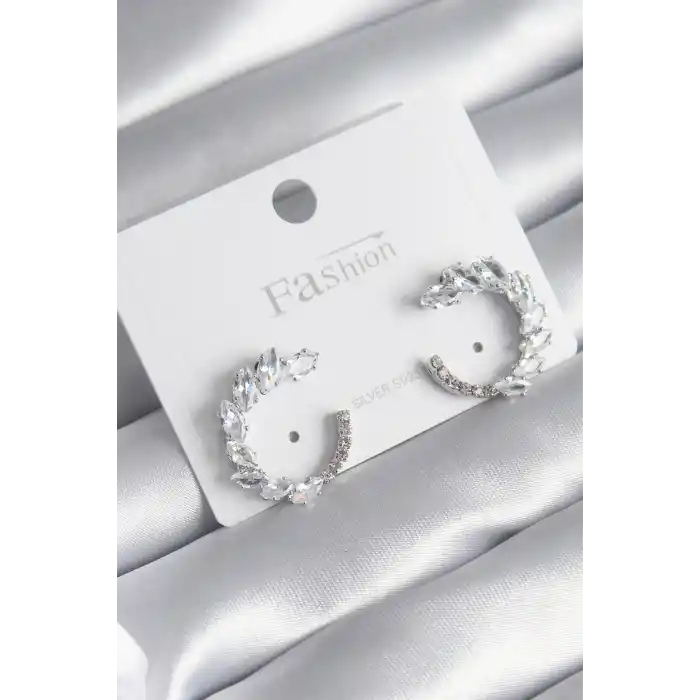 Pirinç Gümüş Renk Zirkon Taşlı Kadın Küpe