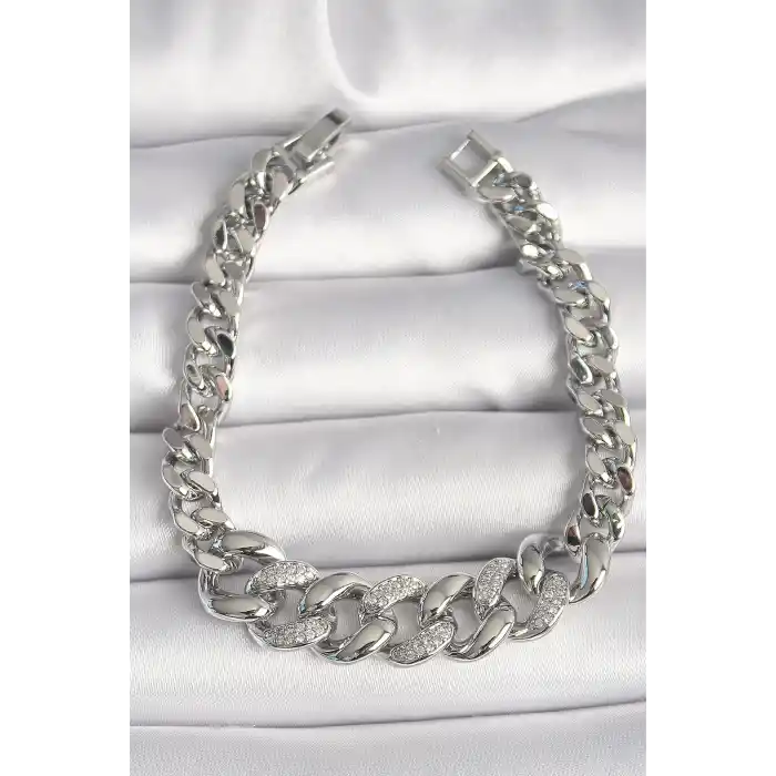 Pirinç Gümüş Renk Zirkon Taşlı Kalın Halka Model Kadın Bileklik