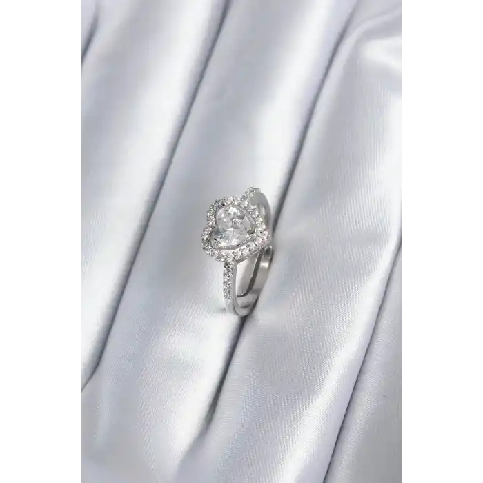 Pirinç Gümüş Renk Zirkon Taşlı Kalp Charm Model Kadın Yüzük