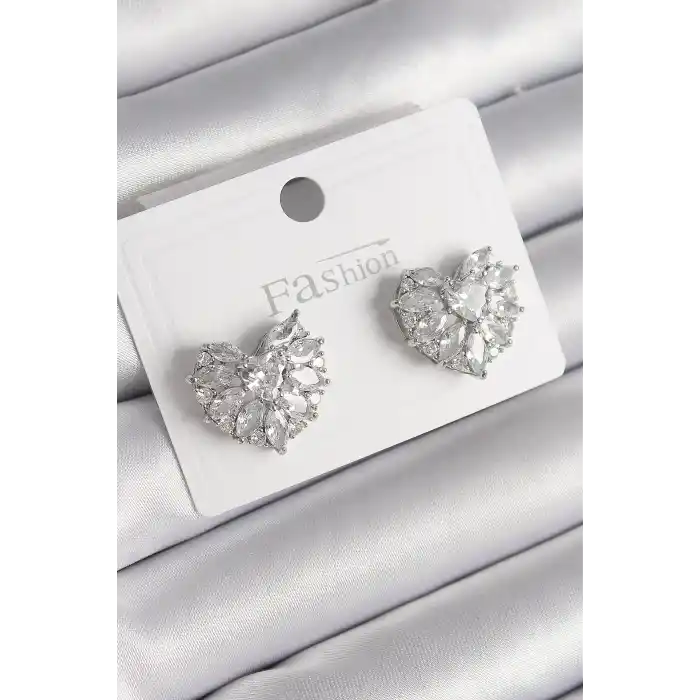 Pirinç Gümüş Renk Zirkon Taşlı Kalp Model Kadın Küpe