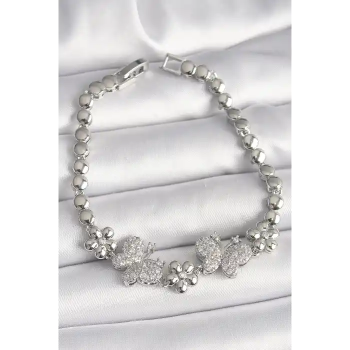 Pirinç Gümüş Renk Zirkon Taşlı Kelebek Figür Çiçek Zincir Model Kadın Bileklik