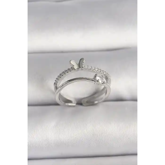 Pirinç Gümüş Renk Zirkon Taşlı Kelebek Figürlü Ayarlanabilir Yüzük