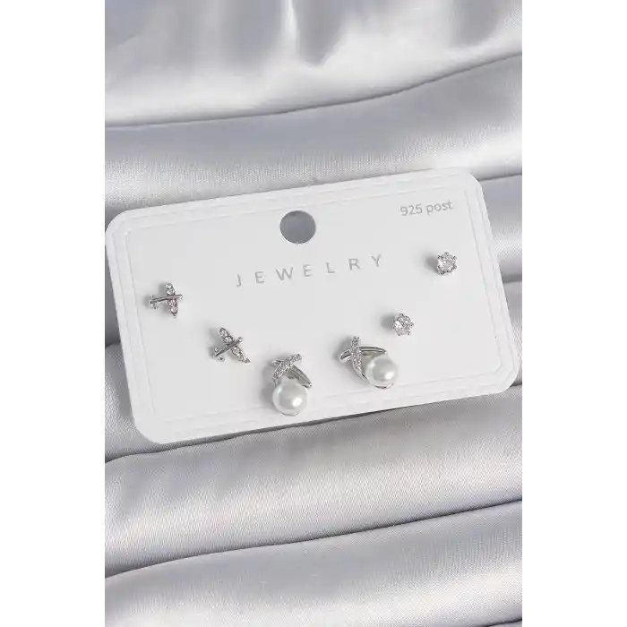 Pirinç Gümüş Renk Zirkon Taşlı Kelebek Model İnci Detay 925 Ayar Gümüş Çivi Kadın Küpe Seti