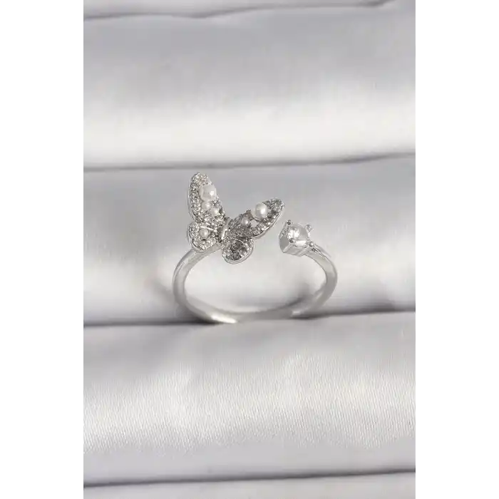 Pirinç Gümüş Renk Zirkon Taşlı Kelebek Model İnci Detay Ayarlanabilir Yüzük