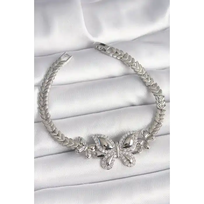 Pirinç Gümüş Renk Zirkon Taşlı Kelebek Model Kadın Bileklik