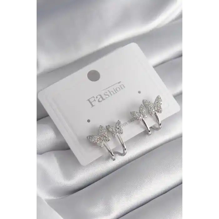 Pirinç Gümüş Renk Zirkon Taşlı Kelebek Model Kadın Küpe
