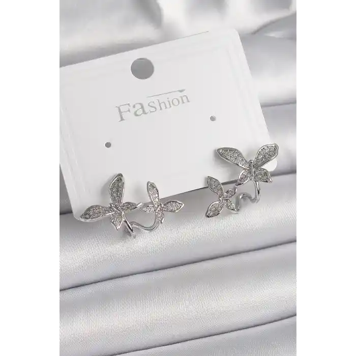 Pirinç Gümüş Renk Zirkon Taşlı Kelebek Model Kadın Küpe