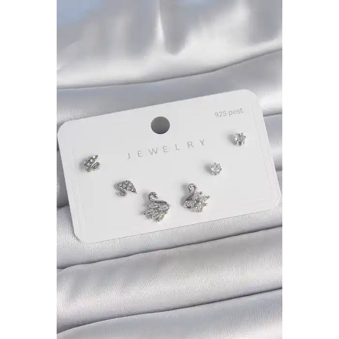 Pirinç Gümüş Renk Zirkon Taşlı Kuğu Model 925 Ayar Gümüş Çivi Kadın Küpe Seti