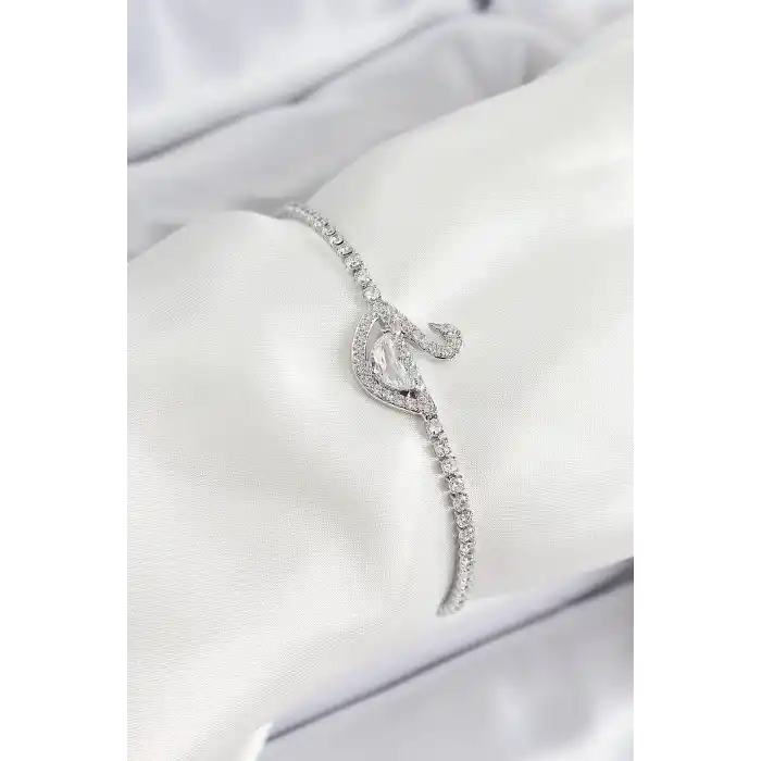 Pirinç Gümüş Renk Zirkon Taşlı Kuğu Model Kadın Bileklik