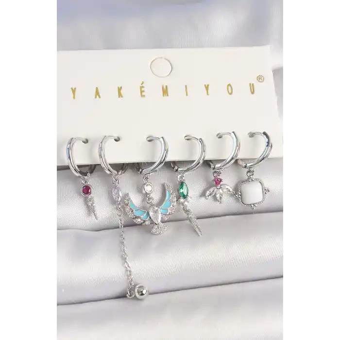 Pirinç Gümüş Renk Zirkon Taşlı Kuş Figür Çiçek Detay 6Lı Kadın Kombin Küpe