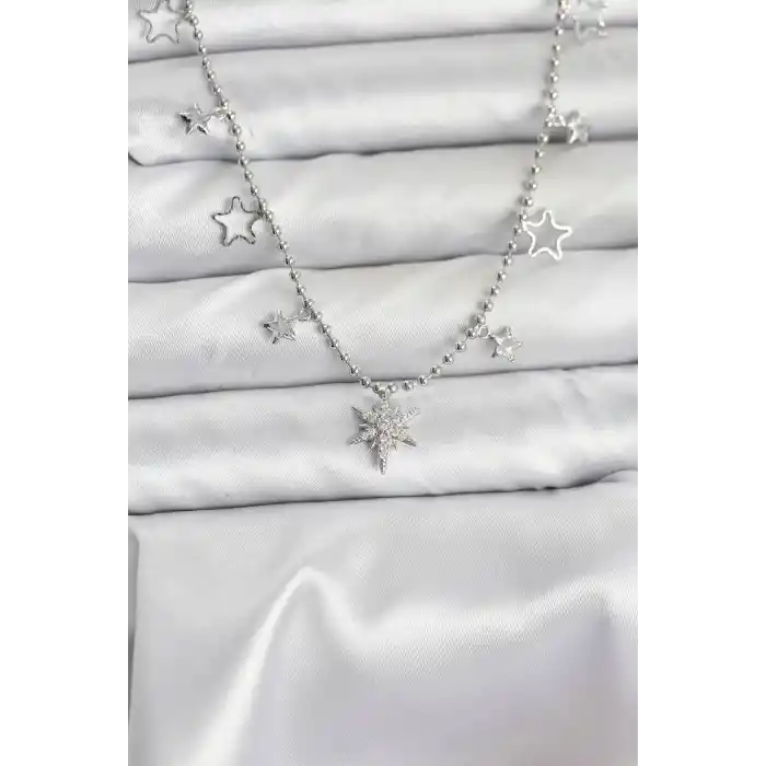Pirinç Gümüş Renk Zirkon Taşlı Kutup Yıldızı Model Kadın Kolye