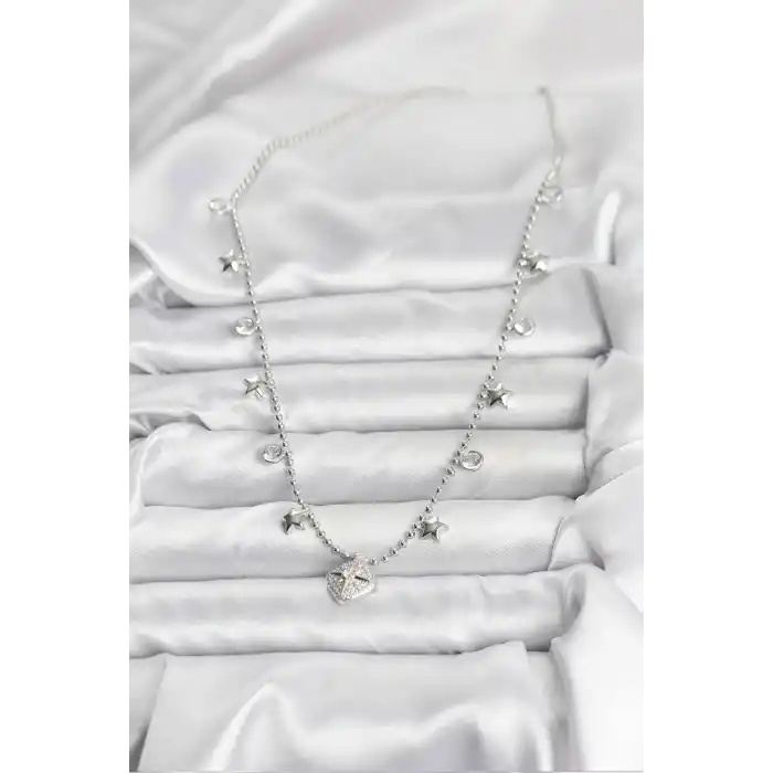 Pirinç Gümüş Renk Zirkon Taşlı Kutup Yıldızı Model Kadın Kolye