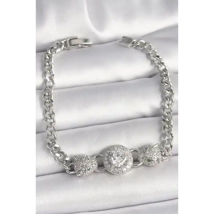 Pirinç Gümüş Renk Zirkon Taşlı Leopar Figür Zincir Model Kadın Bileklik