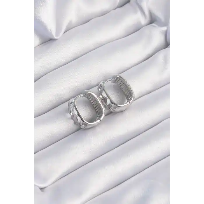 Pirinç Gümüş Renk Zirkon Taşlı Minimal Halka Küpe