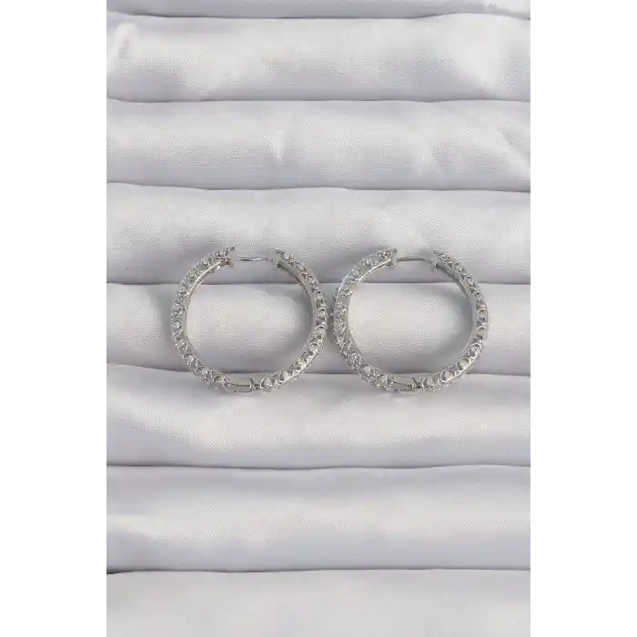 Pirinç Gümüş Renk Zirkon Taşlı Motifli Halka Küpe