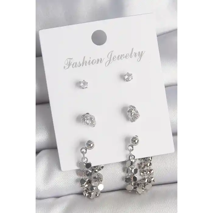 Pirinç Gümüş Renk Zirkon Taşlı Pullu Sallantılı Model 3 Çift Kadın Küpe Seti