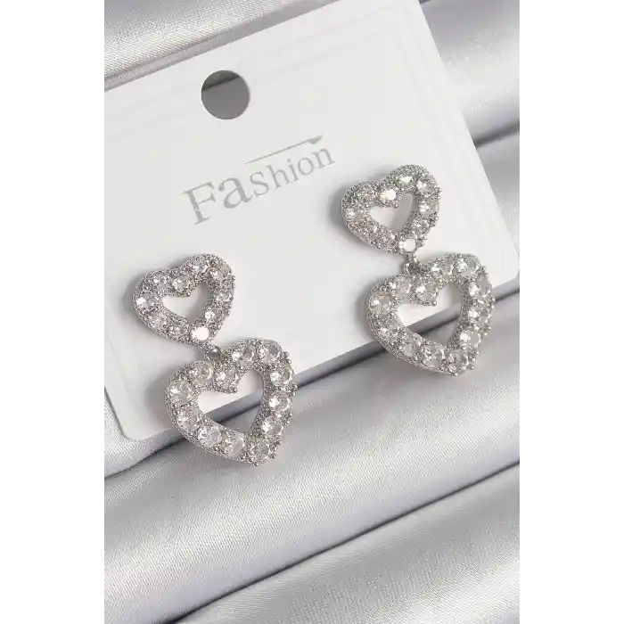 Pirinç Gümüş Renk Zirkon Taşlı Sallantı Kalp Model Kadın Küpe