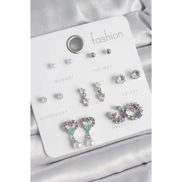 Pirinç Gümüş Renk Zirkon Taşlı Sallantılı Kalp Model Çiçek Detay 7 Çift Kadın Küpe Seti