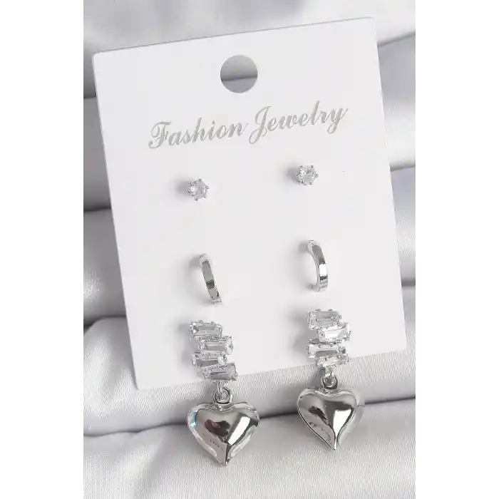 Pirinç Gümüş Renk Zirkon Taşlı Sallantılı Kalp Model Yarım Halka Detay 3 Çfit Kadın Küpe Seti