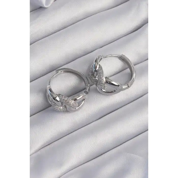 Pirinç Gümüş Renk Zirkon Taşlı Samanyolu Küpe