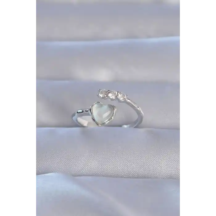 Pirinç Gümüş Renk Zirkon Taşlı Sedefli Kalp Model Ayarlanabilir Yüzük