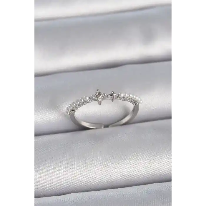 Pirinç Gümüş Renk Zirkon Taşlı Sıralı İnci Ayarlanabilir Model Kadın Yüzük