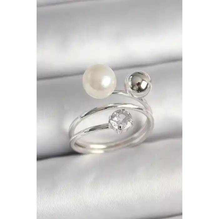 Pirinç Gümüş Renk Zirkon Taşlı Toplu İnci Model Kadın Yüzük