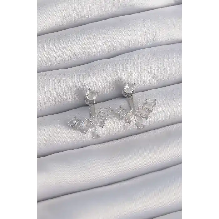 Pirinç Gümüş Renk Zirkon Taşlı V Model Küpe