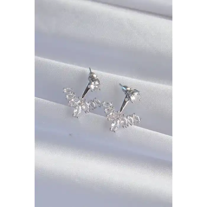 Pirinç Gümüş Renk Zirkon Taşlı V Model Küpe