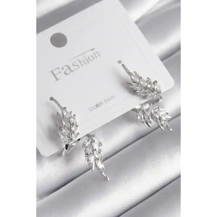 Pirinç Gümüş Renk Zirkon Taşlı Yaprak Model Kadın Küpe