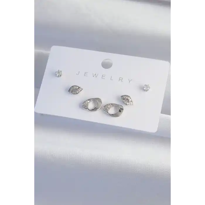 Pirinç Gümüş Renk Zirkon Taşlı Yaprak Model Küpe Seti