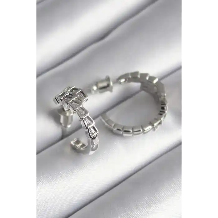 Pirinç Gümüş Renk Zirkon Taşlı Yılan Model Kadın Küpe