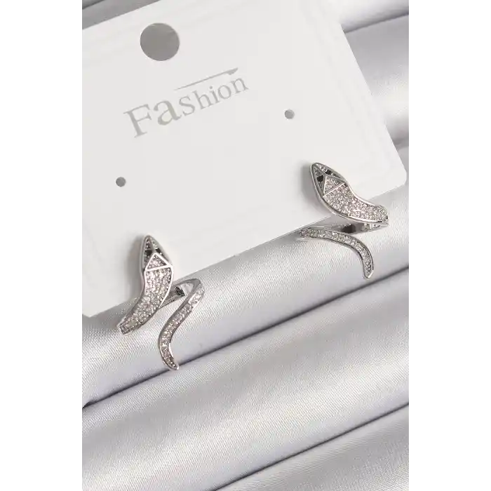 Pirinç Gümüş Renk Zirkon Taşlı Yılan Model Kadın Küpe