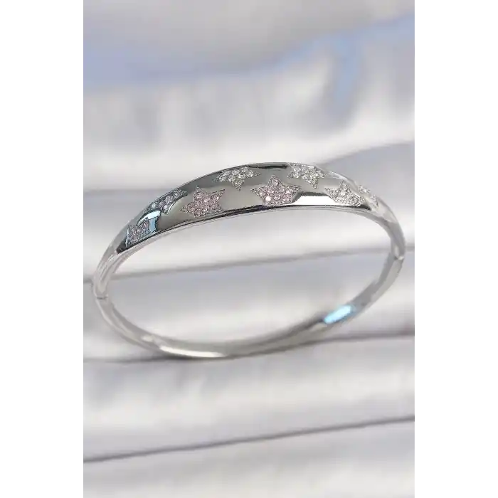 Pirinç Gümüş Renk Zirkon Taşlı Yıldız İşlemeli Kadın Kelepçe