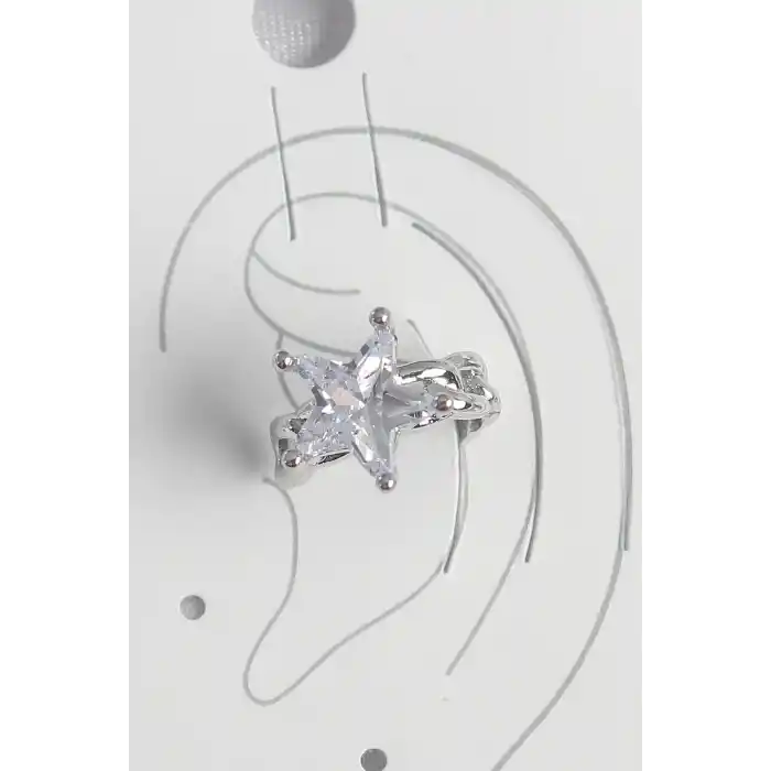 Pirinç Gümüş Renk Zirkon Taşlı Yıldız Model Kadın Kıkırdak Küpe