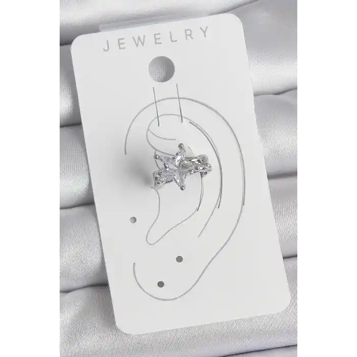 Pirinç Gümüş Renk Zirkon Taşlı Yıldız Model Kadın Kıkırdak Küpe
