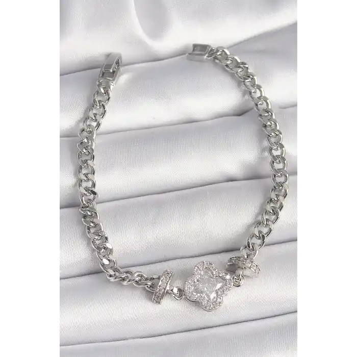 Pirinç Gümüş Renk Zirkon Taşlı Yonca Figür Zincir Model Kadın Bileklik