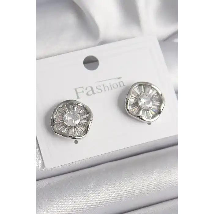 Pirinç Gümüş Renk Zirkon Taşlı Yonca Model Kadın Küpe