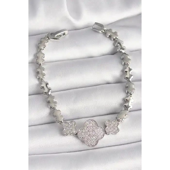 Pirinç Gümüş Renk Zirkon Taşlı Yonca Model Zincir Model Kadın Bileklik