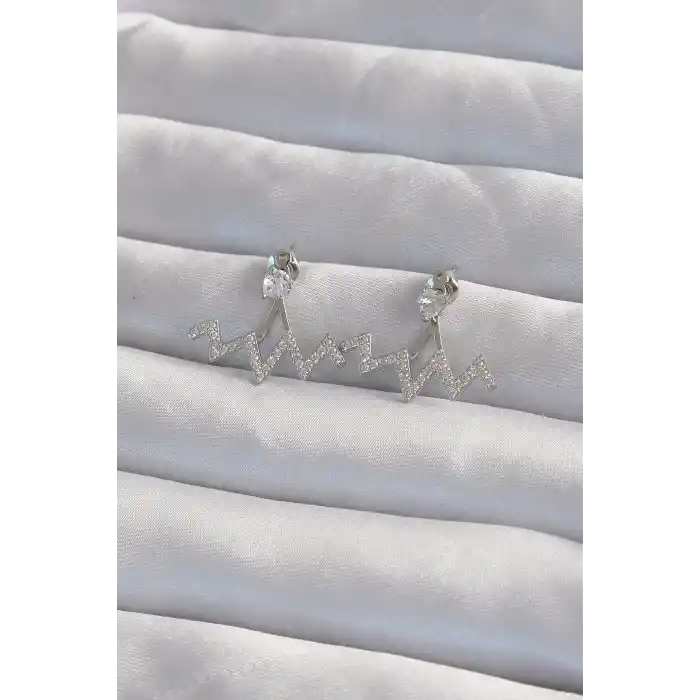 Pirinç Gümüş Renk Zirkon Taşlı Zikzak Küpe