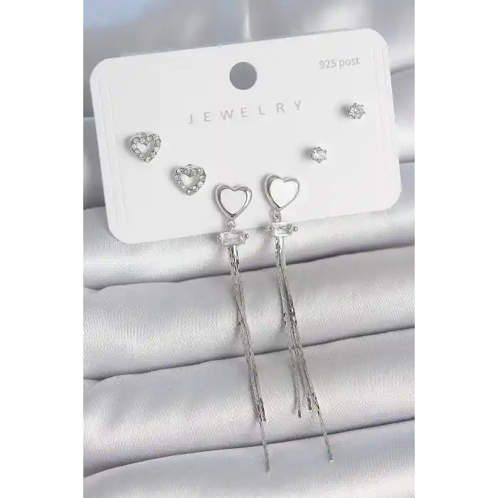 Pirinç Gümüş Sallantı Beyaz Mineli Kalp Model Zirkon Taşlı Kalp Detay 925 Ayar Gümüş Çivi Kadın Küpe Seti
