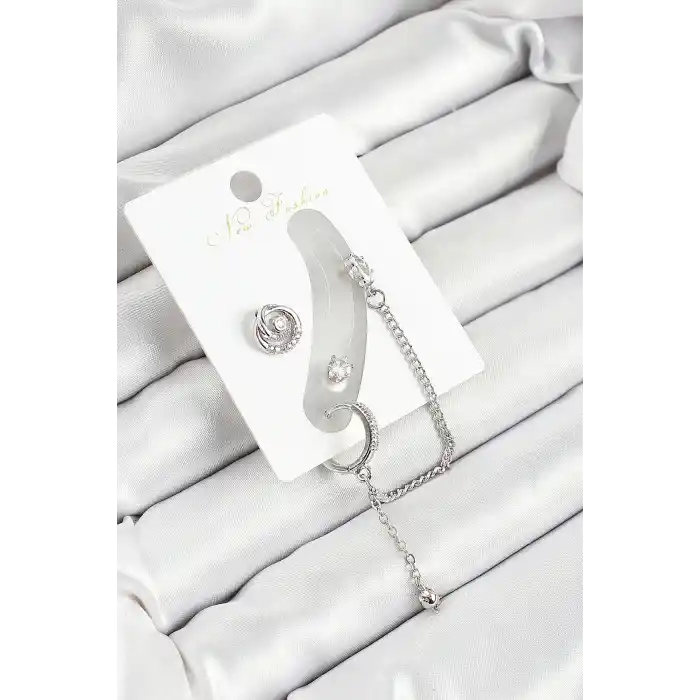 Pirinç Halka Figürlü Zirkon Taşlı Gümüş Renk 3lü Kıkırdak Kadın Küpe Set