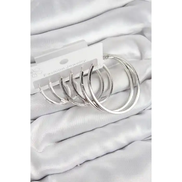 Pirinç Halka Model Gümüş Renk Kadın Set Küpe