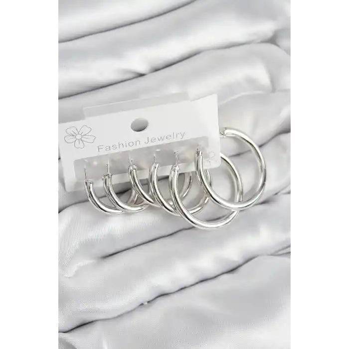 Pirinç Halka Model Gümüş Renk Kadın Set Küpe