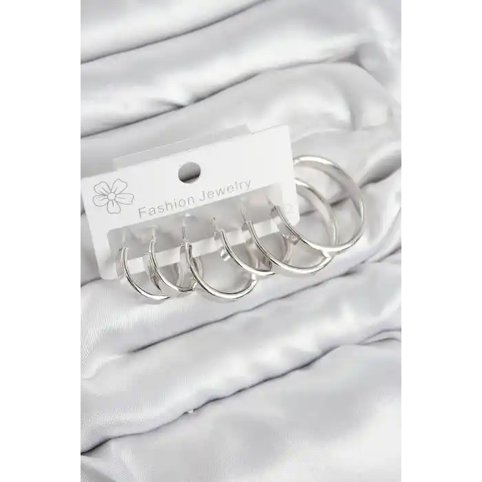 Pirinç Halka Model Gümüş Renk Kadın Set Küpe