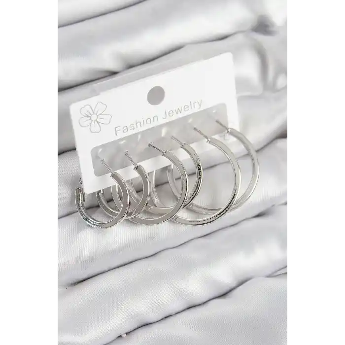 Pirinç Halka Model Gümüş Renk Kadın Set Küpe