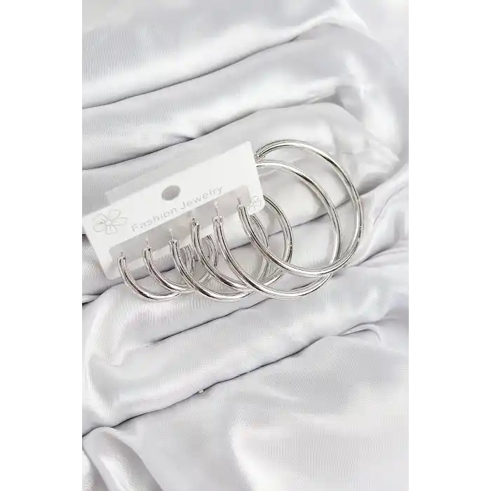 Pirinç Halka Model Gümüş Renk Kadın Set Küpe